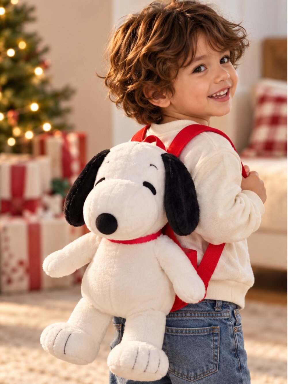 PEANUTS Snoopy Plush Backpack 16" White Black Adjustable Straps Zipper Pocket